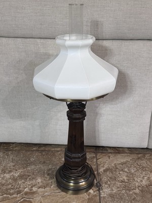 70s Vintage Wood & Brass Table Lamp w/ White Milk Glass Shade Original Hardware!