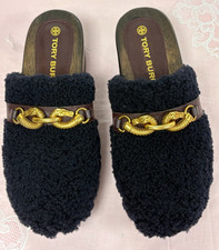 360-Tory Burch-Women- Shearling Gold Logo Black Leather Trim Clog.Sz-7.5.M.