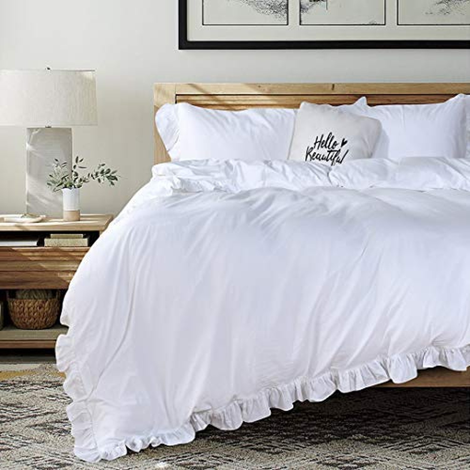 QSH White Ruffle California King Duvet Cover, Washed Cotton Farmhouse Shabby ...