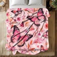 Pink Butterfly Floral Coral Fleece Blanket