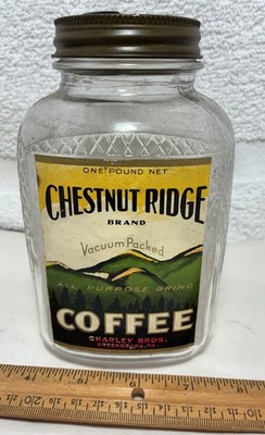 Vintage 1 LB Chestnut Ridge Coffee Jar Advertising Paper Label Vacuum Packed Lid