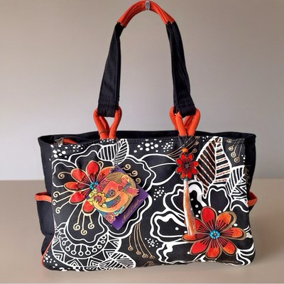 Laurel Burch White On Black Floral Orange Trim Medium Canvas Zip Top Tote LB6062