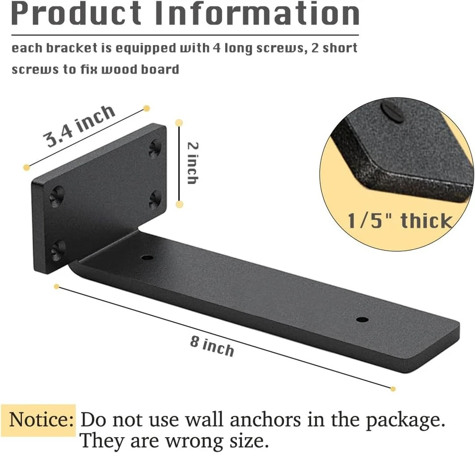 Paquete de 4 soportes de estante soporte de estante flotante de 8 pulgadas de 1/5 pulgadas de grosor resistente... Foto 2 de 2