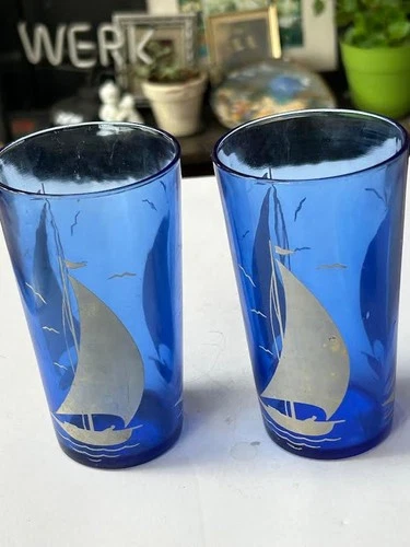 2 Vintage Hazel Atlas Tumblers Cobalt Blue Sailboat Seagulls Glasses 4 7/8" 8oz