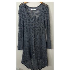 Free People Beach Duster Cardigan Women L Gray Love Song Crochet Boho Maxi