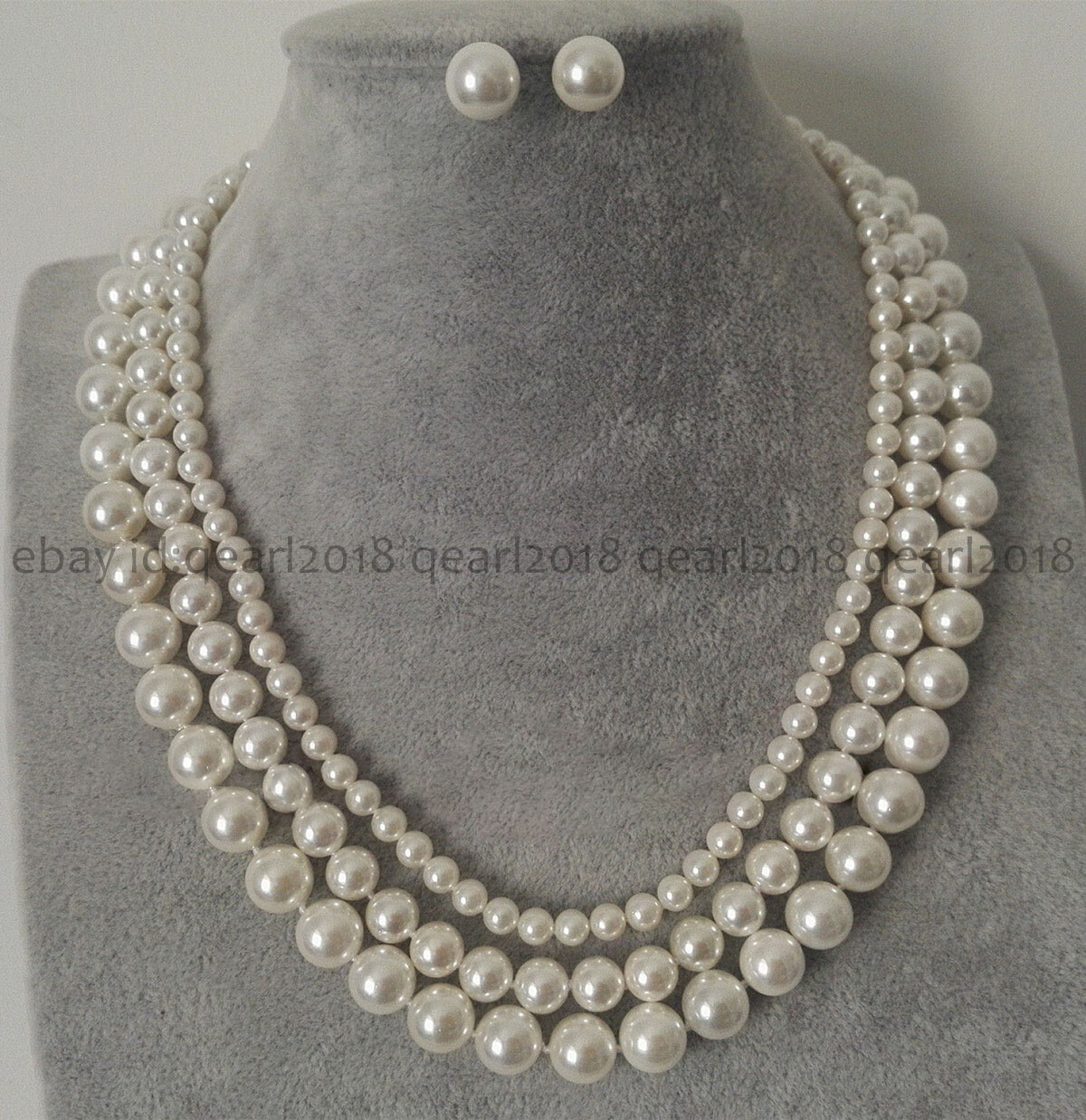 3 Rows 6-8-10mm Round South Sea White Shell Pearl Necklace Earrings Set 17-19''