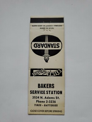 Bakers Standard Service Station Peoria Illinois Matchbook Cover