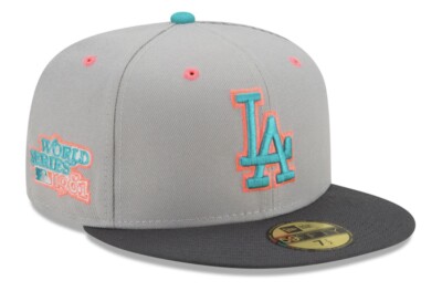 New Era Los Angeles Dodgers 1981 WS Patch Fitted Hat Gray Size 7 3/4 Pink Brim