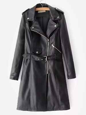 Women New Trench Genuine Belted Coat Black Handmade Lambskin Leather Stylish Fit