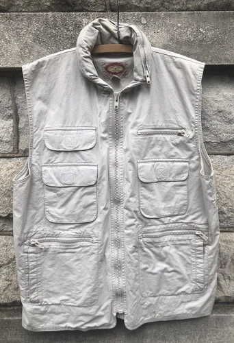vintage Beige 80s 100% Cotton BANANA REPUBLIC ZIP SAFARI VEST LaRge Hood Pockets