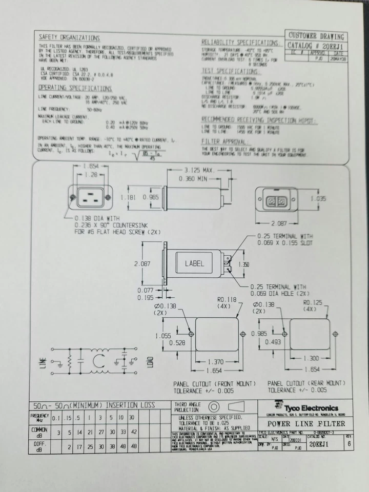 NEW CORCOM 20EEJ1 F7892A Power Receptacle EMI Filter 20A 120/250V - Image 3 of 4