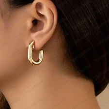 CLIP ON square curved link HOOP EARRINGS smooth plain GOLD FINISH fashion HOOPS