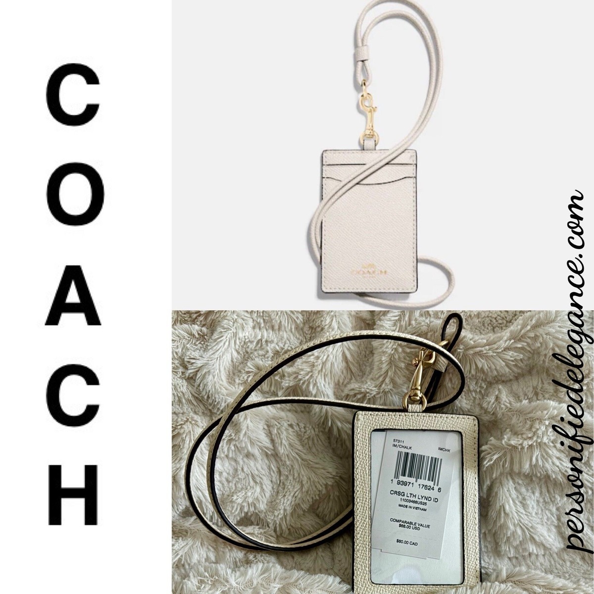 COACH カードホルダー チョーク 認証証明書付き NEW Coach Chalk Crossgrain Leather ID Lanyard Document Holder $68