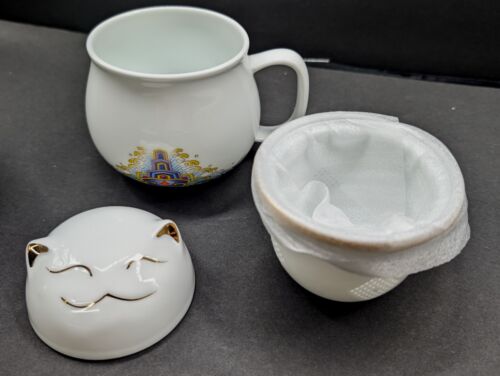 Maneki-Neko Tee Weiß Keramik Katze Katze Reise Tasse mit Sieb und Deckel 10 Unzen - Bild 7 von 10