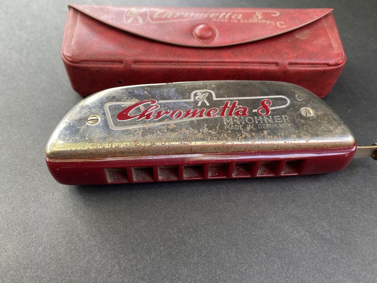 Vintage Hohner Chrometta 8 Harmonica In Original Case Chrome Red