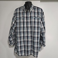 Eddie Bauer Size 2XL Navy Blue Gray Plaid Poly Blend Activewear Button-down 0535