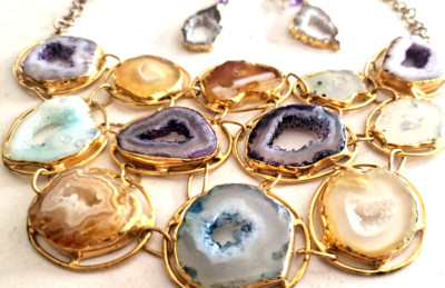 Rare Vintage Argate Quartz sliced statement Bibb Necklace and earings set