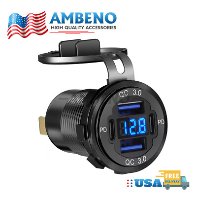 12-24V 4 Port Fast Car Charger QC3.0 & PD USB C Outlet Socket for Boat RV Marine