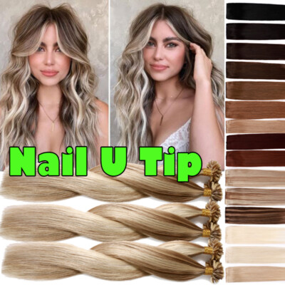 Russian Remy U Nail Tip Human Hair Extensions Keratin Pre Bond THICK//Highlight