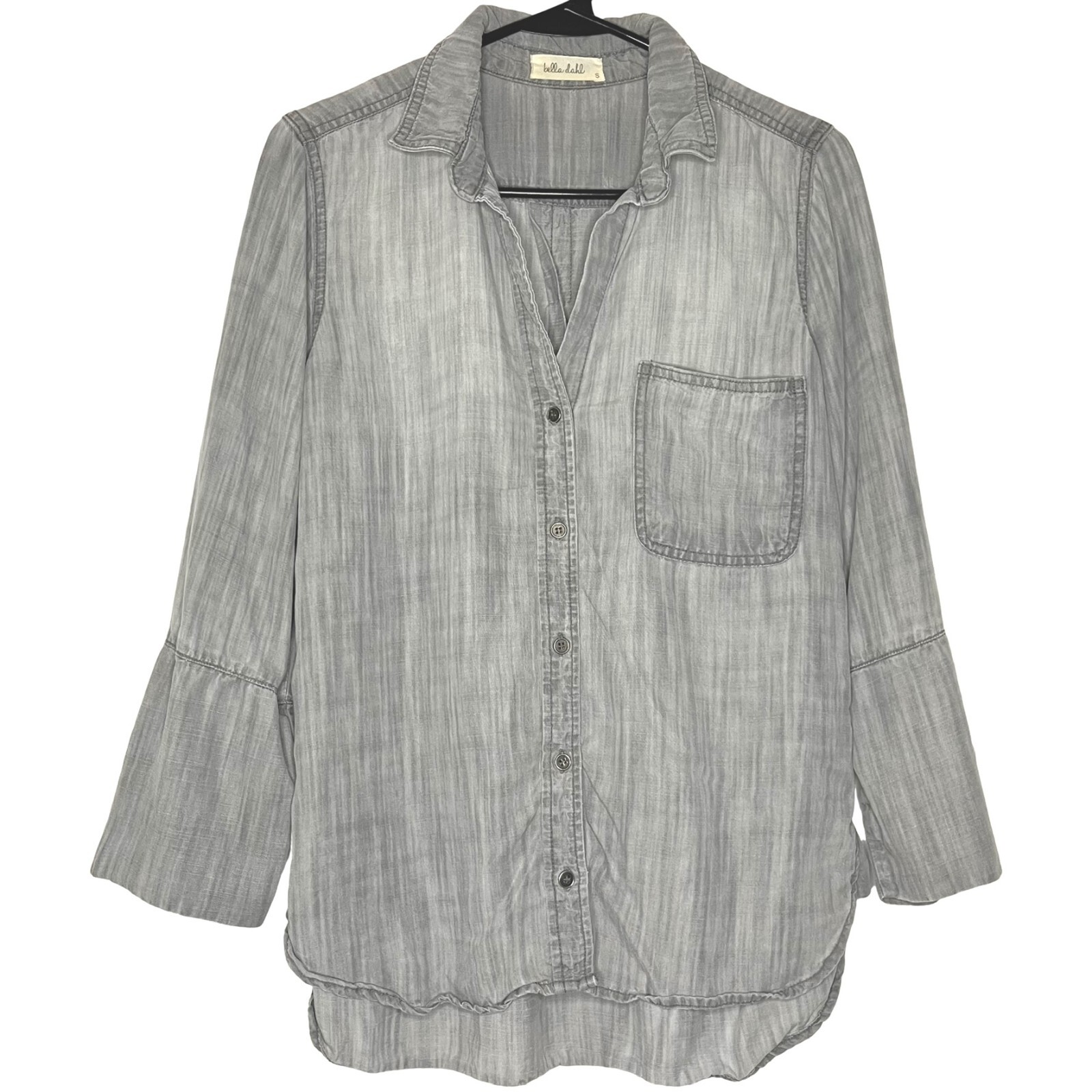 Bell Dahl Womens Small Gray Tencel Rolled Sleeve V-Neck Button Down Shirt