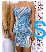 🆕Blue & Tan Marble Swirl Print Design Cami Stretchy Bodycon Mini Dress~Size S