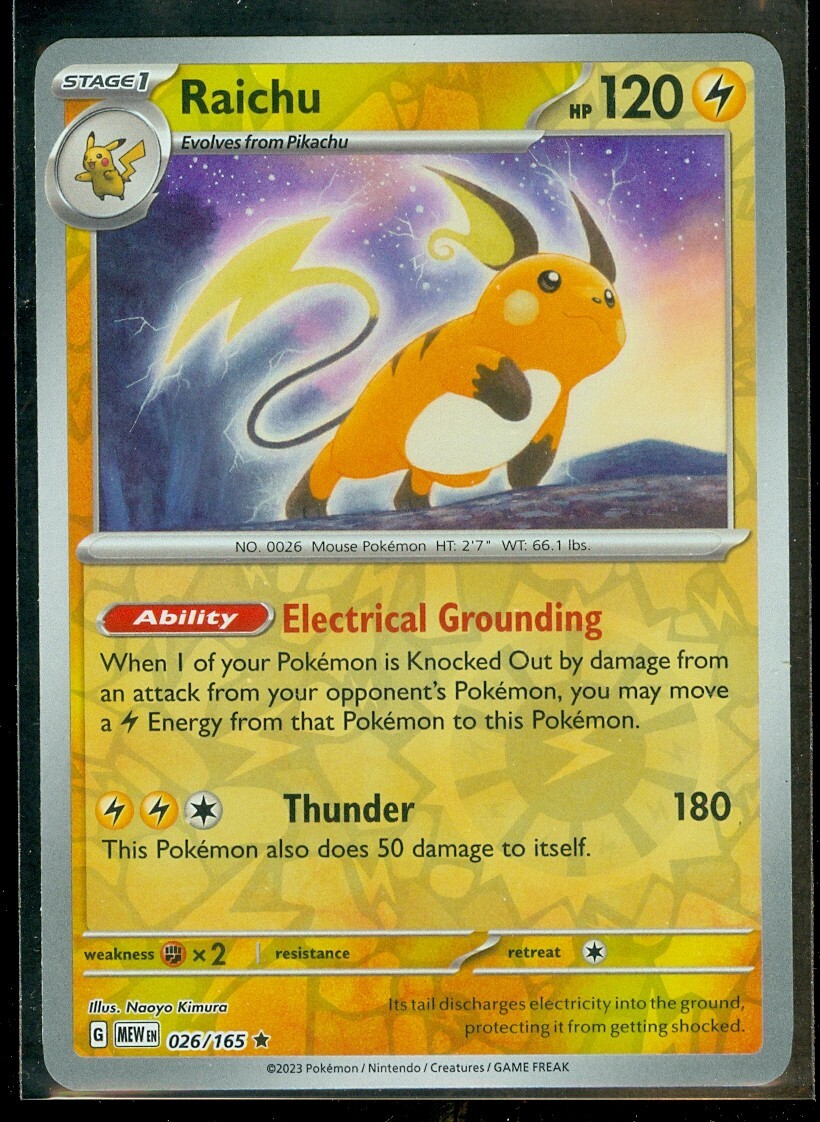 Pokemon RAICHU 026/165 - Pokemon 151 - RARE Rev Holo - - MINT