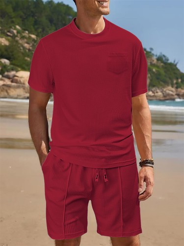 Mens Waffle Outfit 2-Piece Set Short Sleeve T- Shirts and Shorts Sweatsuit Set - Picture 9 of 25