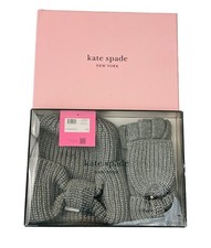 NWT Kate Spade New York Knotted Bow Beanie Knit Hat  Glove Set Heather Grey