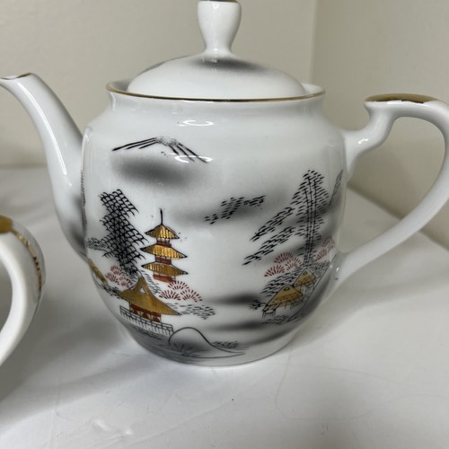 Hayasi Fine China Kutani Teapot W/ Creamer & Sugar Asian Landscape, Black &White - Picture 4 of 8