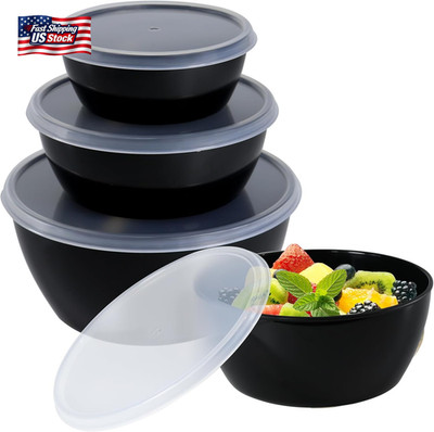 Set of 4 Plastic Prep Bowls with Lids，Microwave and Dishwasher Safe (Black)