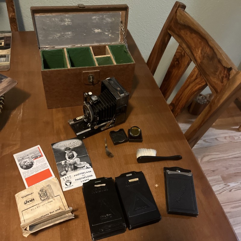 Voigtlander Folding Camera With Original Manual & Wood Box With Many Accessories
