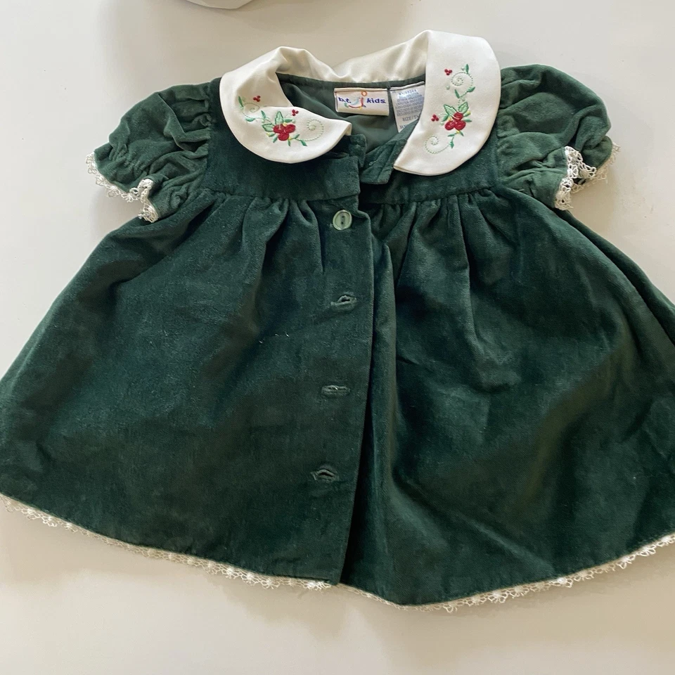 Vestido Vintage BT Niñas Terciopelo Verde Bordado Arándanos con Sombrero 3/6 Meses Foto 4 de 4
