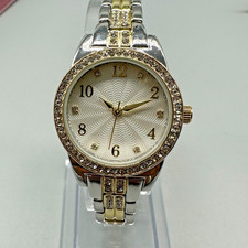 Two Tone Women Watch Silver Gold Crystal Bezel Scallop Print Dial New Battery