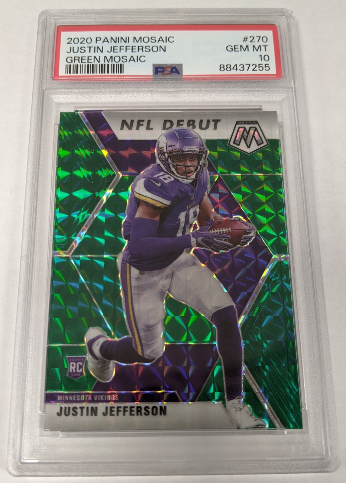 2020 Panini Mosaic Justin Jefferson Green Mosaic Rookie #270 GEM MT PSA 10 RC view 1