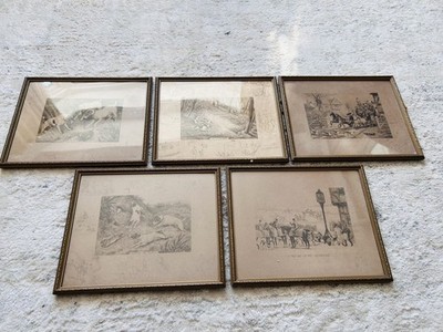 Frank Paton Bleistift signiert Radierungen gerahmt & glasiert 5er Set - 27 cm x 22 cm