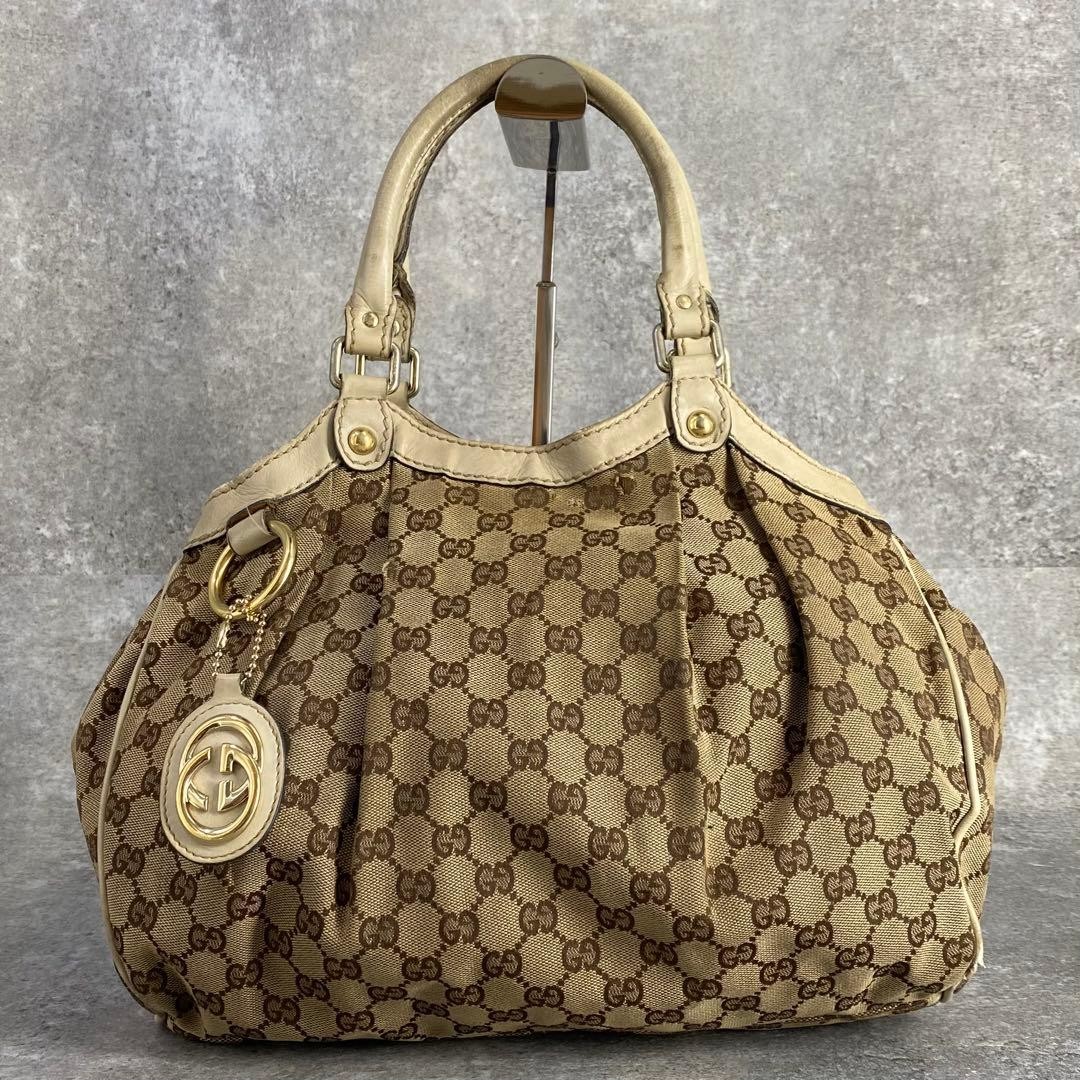 Gucci Sukey Hand Tote Satchel Bag GG Beige White Canvas Leather Used From Japan thumbnail 2
