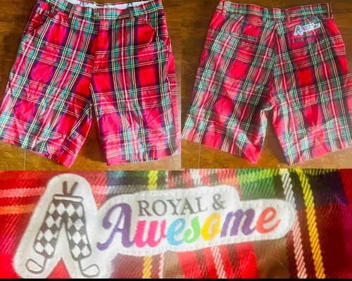 ROYAL & AWESOME GOLF Bold Plaid Stewart Tartan Casual Shorts Men's 34~NEW!