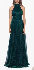 Betsy Adam Jade Green Metallic Halter Mock Neck Crinkle Gown Size 4 269