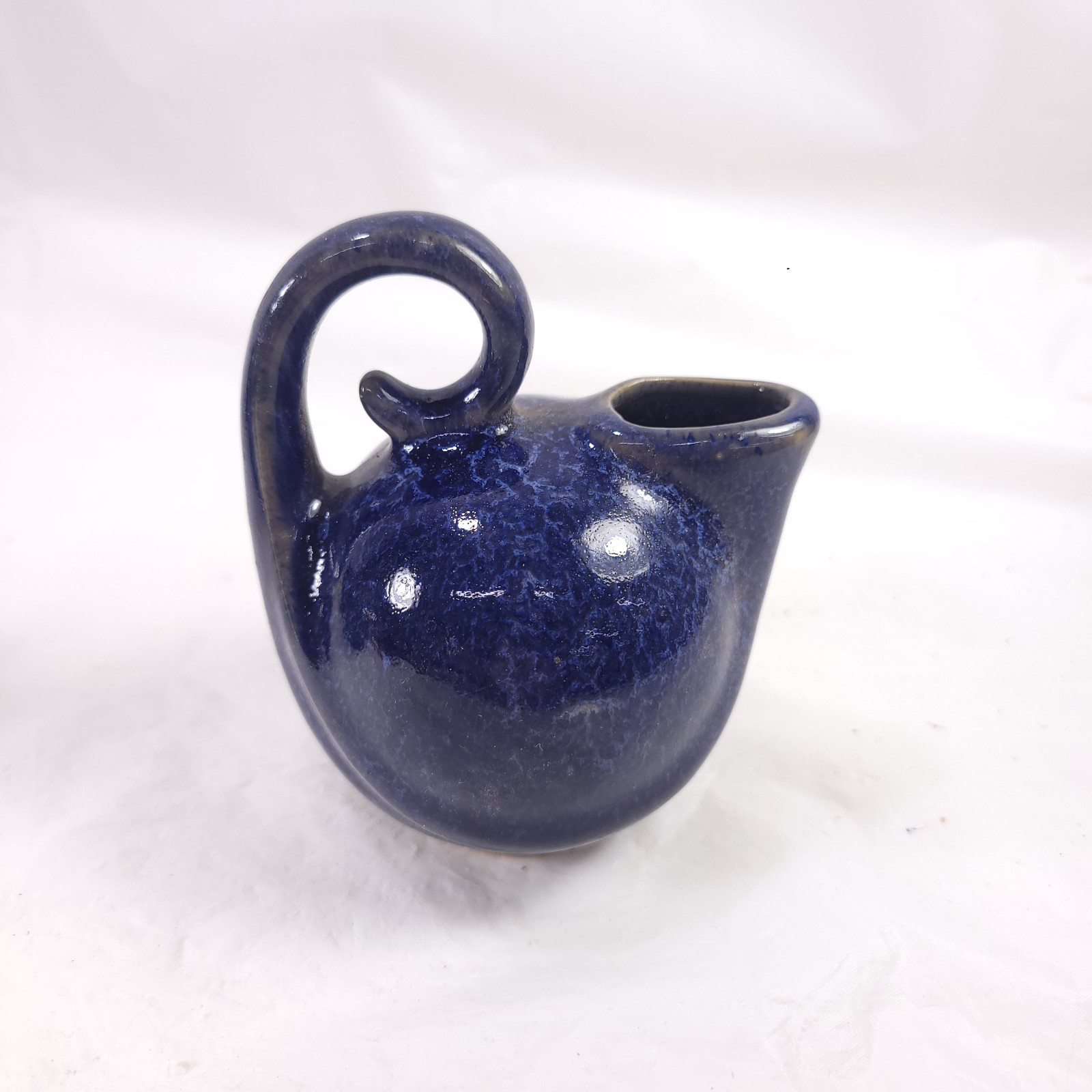 Vintage Dryden Pottery Ball Creamer Pitcher Swirl Handle Blue Miniature Pitcher