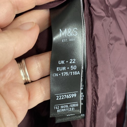 Per Una Burgundy Puffer Jacket Womens UK 22 Down Filled Hooded Pockets Coat - Picture 12 of 14