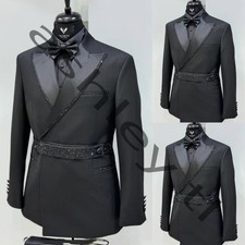 Luxury Beaded Black Men's Suit With Belt Peak Lapel Party Wedding Groom Tuxedo