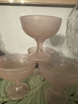 Luminarc Rose 4 Pink Satin Frosted Footed Glass Compote Dessert Bowl France