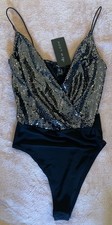 BNWT ‘NEW LOOK’ WOMEN’S BLACK BODYSUIT WRAP TOP WITH SEQUINS 8