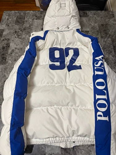 Polo Ralph Lauren Polo USA 92 Hooded Puffer Jacket White/Blue Logo XL 44. - product listing photo