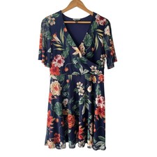 Allison Brittney Women Navy Blue Floral Faux Wrap Mesh Dress Short Sleeve Large