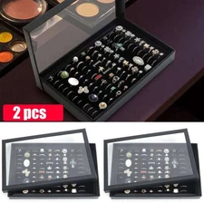 2x 100 Slots Jewelry Ring Display Organizer Case Tray Holder Earring Storage Box