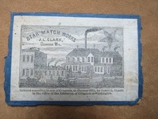1872 Antique Match Matches Star Match J L Clark 1870s Box Lid Indian Wars