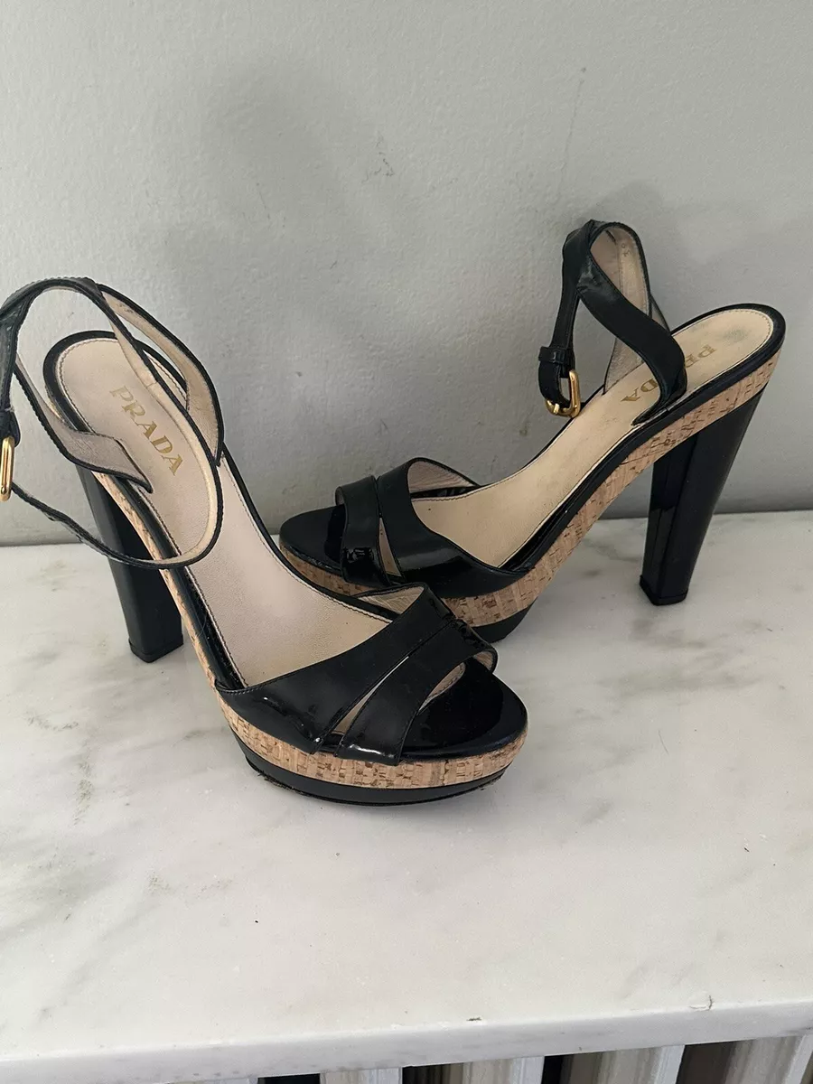 Prada Double Platform Black Patent Strappy Sandal-size 39