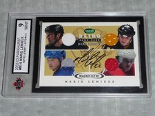 2002-03 Parkhurst Retro Mario Lemieux /5 Magnificent Quad Jersey Patch Auto KSA9