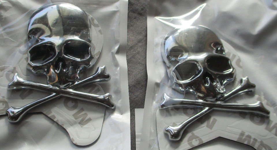 2-Pack Chrome 3D Metal Skull Skeleton Cross Emblem Badge – Fits Cars, Trucks, MC, Vans, Trailers